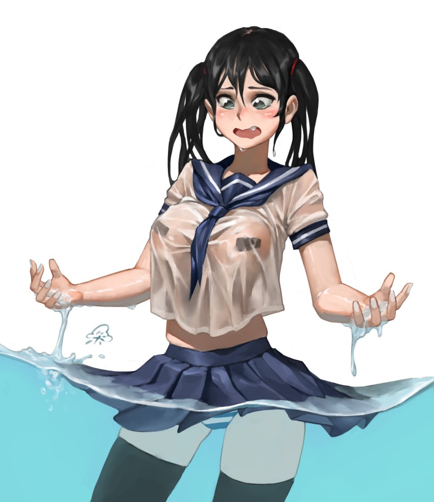 1girls black_hair huayecai820 large_breasts nipple_tape no_bra open_mouth original partially_submerged partially_underwater_shot pasties school_uniform see-through_clothing shimapan skirt twintails underwater upskirt water wet wet_clothes