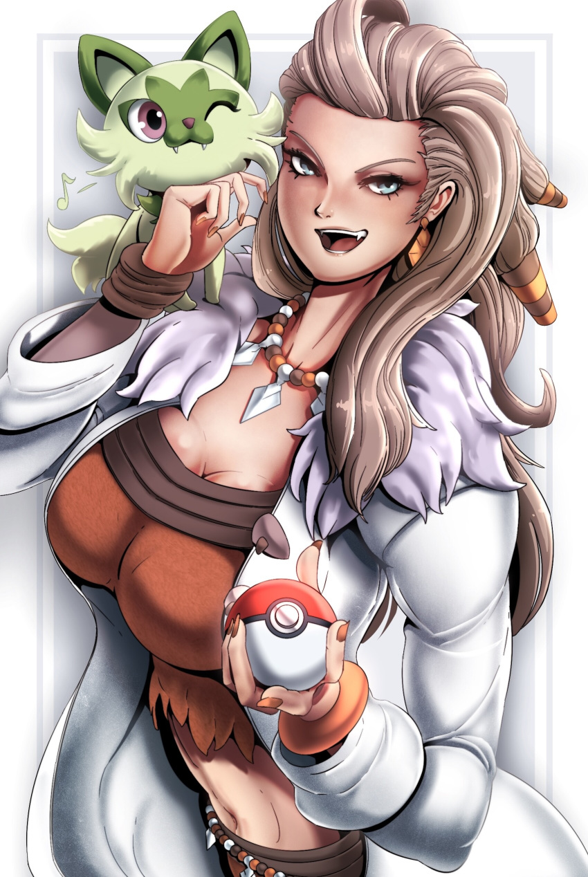 ambiguous_gender big_breasts blonde_hair breasts cleavage clothing female female_only fur hi_res light-skinned_female midriff nintendo one_eye_closed pokemon pokemon_sv professor_sada_(pokemon) spiritdraws sprigatito tail