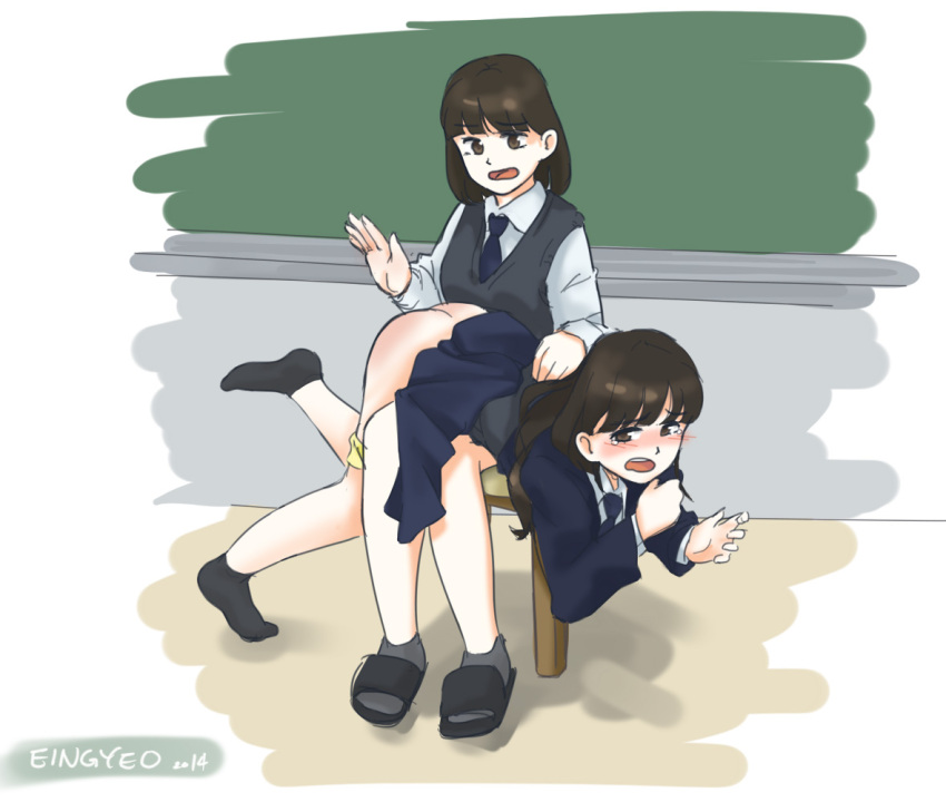 2girls black_hair blush eingyeo female female_dominated female_dominating_female female_domination female_only femdom femsub light-skinned_female multiple_girls over_the_knee over_the_knee_spanking school_uniform schoolgirl spanking submissive_female