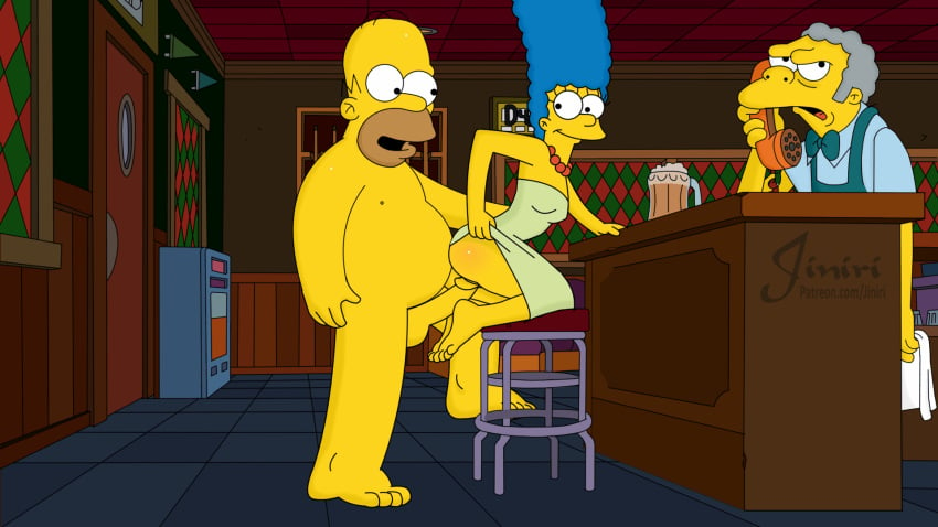 1girls 2boys animated apron balding bar_rag barstool bartender beer_mug big_belly blue_hair bowtie chubby_male clothed_female clothed_female_nude_male clothed_male clothes_removed doggy_style erection eyes_rolled_up fucked_from_behind going_commando grey_hair holding_phone homer_simpson husband_and_wife jiniri jukebox marge_simpson moe_szyslak necklace nude_male overweight_male panties_removed pleasure_face public public_nudity public_sex saloon skirt_lift the_simpsons