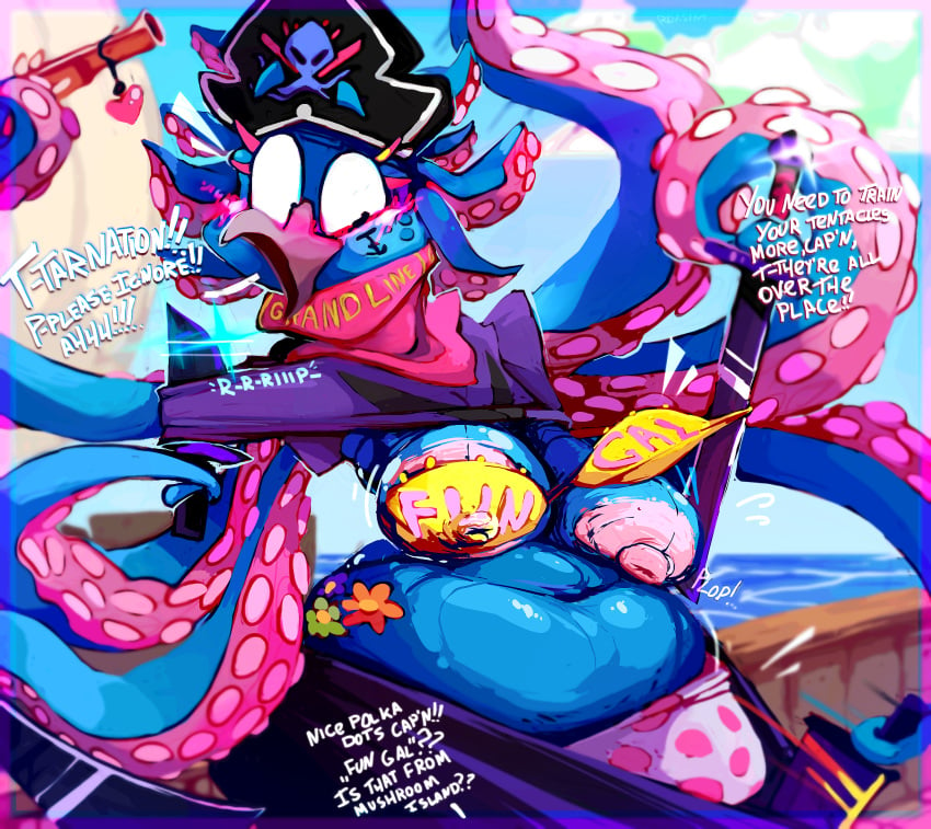 anthro big_breasts bra breasts cephalopod clothing coleoid dagger decapodiform dialogue embarrassed female fishman hi_res marine melee_weapon mollusk nipples one_piece overweight overweight_female pirate pirate_hat polka_dots roksim sea ship solo_focus story story_in_description sword tentacle text underwear vehicle wardrobe_malfunction water watercraft weapon