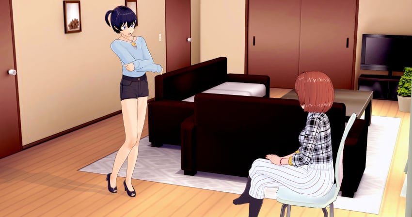 1femboy 1girls blue_eyes blue_hair chair door femboy full_body girly ichijou_raku indoors male_only mymoonlly necklace nisekoi otoko_no_ko otokonoko room shorts sitting sitting_on_chair sofa standing tomgirl trap tv