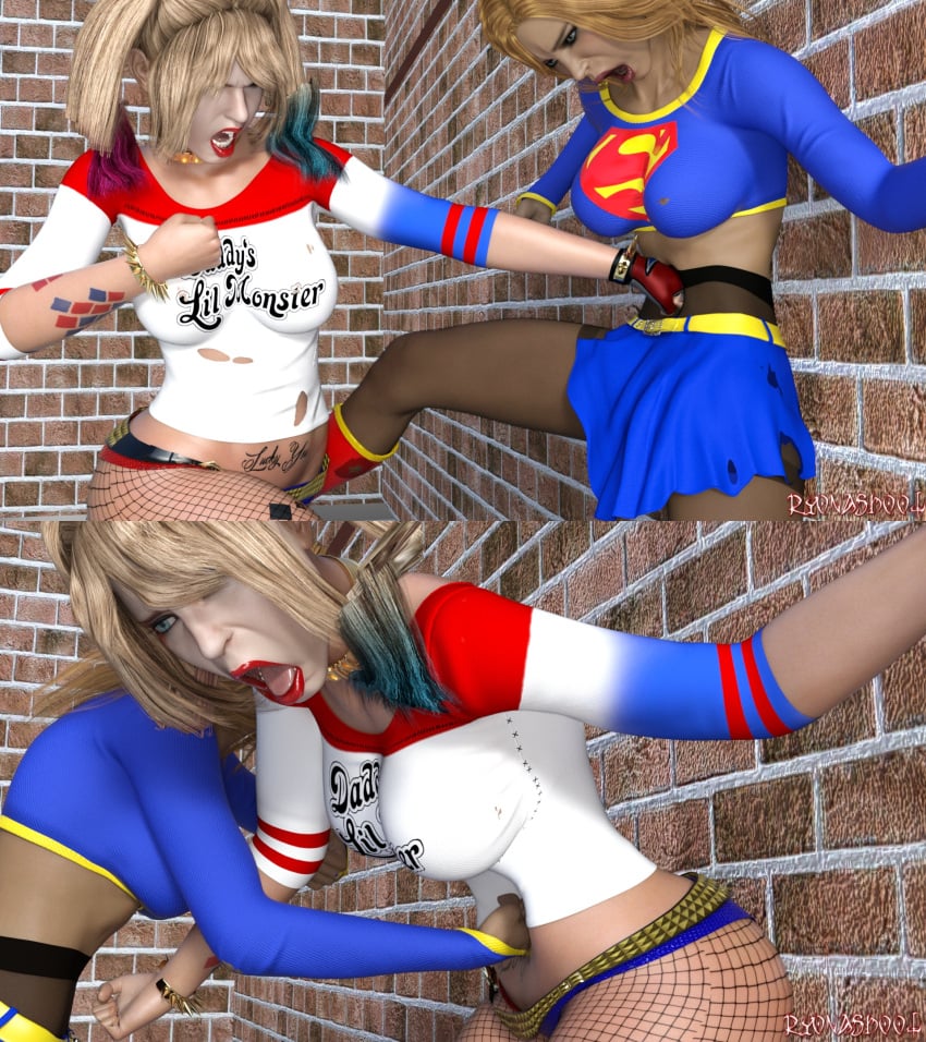 3d batman_(series) belly_punch belly_punching dc dc_comics harley_quinn heroine kara_danvers kara_zor-el pantyhose ryona ryonashoot suicide_squad suicide_squad_(2016) supergirl superheroine superman_(series) torture