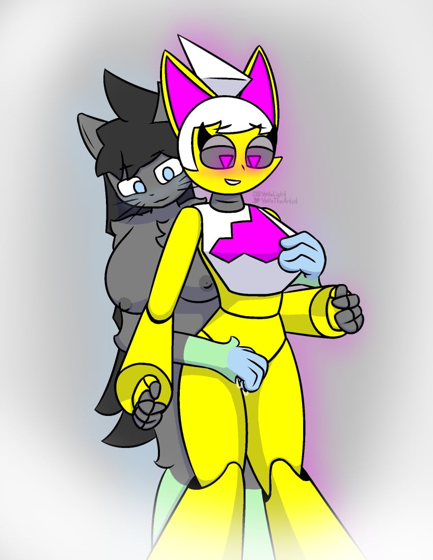 2girls black_hair catgirl dildo dildo_in_pussy geometry_dash gray_fur mocha_(scorpion) multiple_girls robot robot_girl triangle_eyes trianna_(yellolight) white_hair yellolight yuri