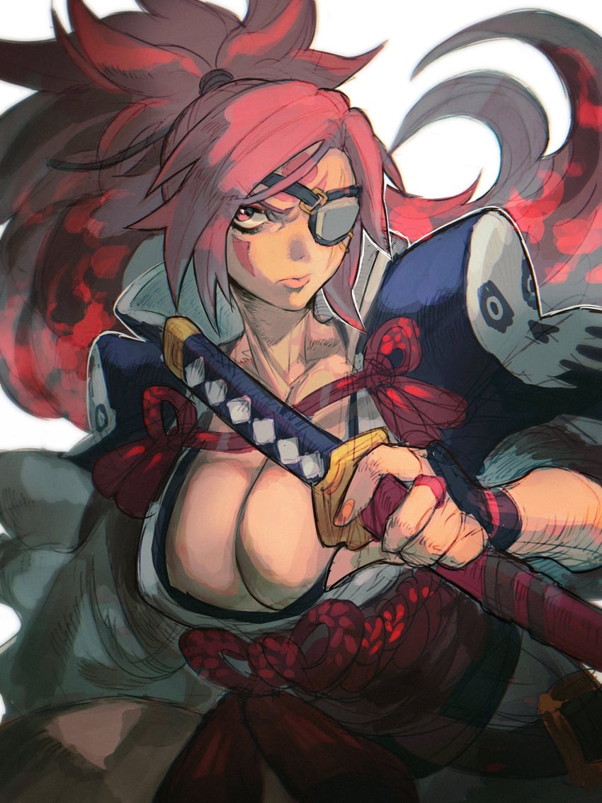 baiken big_breasts breasts eye_patch guilty_gear huge_breasts katana milf pink_hair red_eyes samurai scar scars sword traditional_clothes yohane