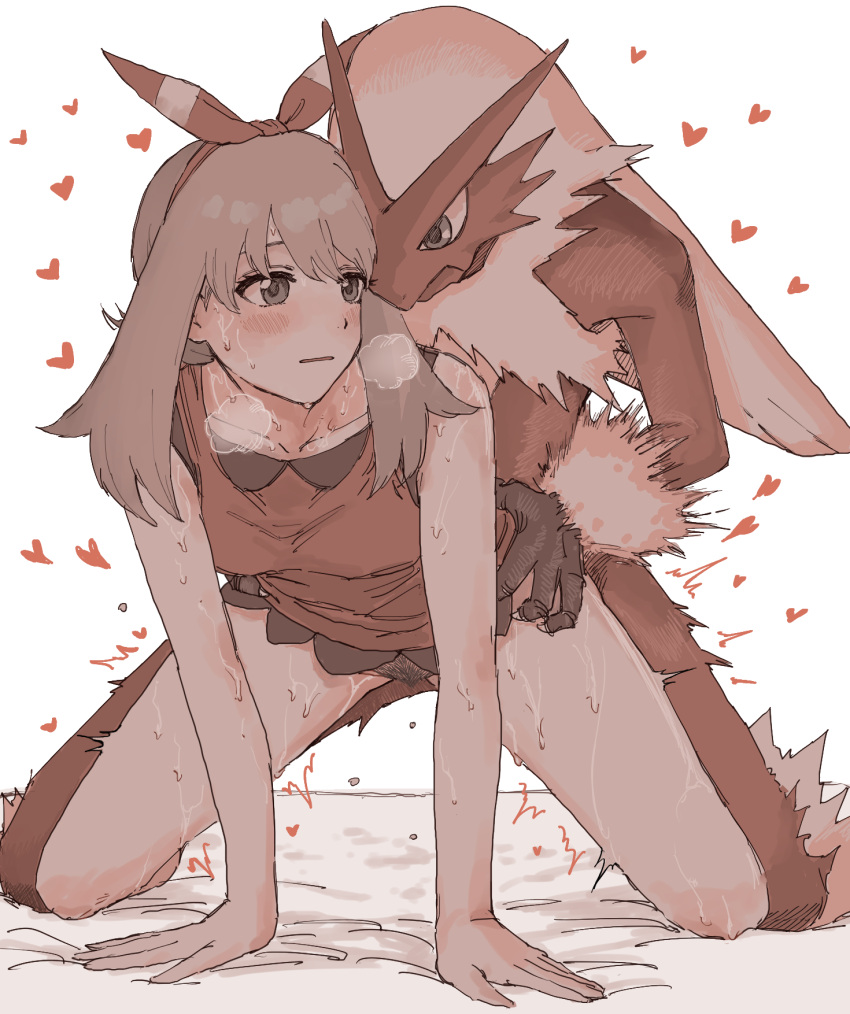 2022 5_fingers all_fours anthro blaziken blush bodily_fluids bottomless breath clothed clothed/nude clothing collarbone doggy_style duo fingers from_behind_position heart hi_res human human_on_anthro interspecies looking_at_another male_anthro/female_human male_pokemon/female_human mammal may_(pokemon) may_(pokemon_oras) nintendo nude poképhilia pokemon pokemon_(species) pokemon_oras pubes raimaru red_clothing red_topwear sex simple_background sweat topwear video_games white_background zoophilia