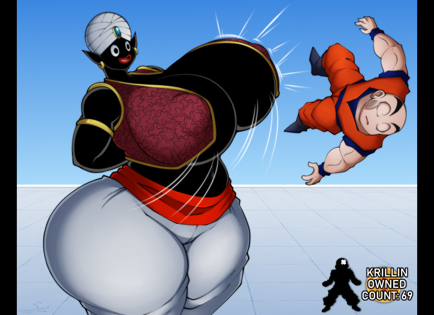 1boy 1girls 2019 bald big_breasts black_body black_skin bouncing_breasts breast_jiggle breasts bruised clothing curvaceous curvy curvy_body curvy_female curvy_figure detailed_background digital_media_(artwork) dot_eyes dragon_ball dragon_ball_z dragon_ball_z_abridged duo ear_piercing ear_ring english_text female genie hands_behind_back headgear headwear hi_res hourglass_figure huge_breasts huge_thighs human humanoid humanoid_pointy_ears hyper hyper_breasts hyper_thighs jiggling krillin krillin_owned_count kuririn larger_female light-skinned_male light_skin lips male male/female mammal midriff mr_popo mtf_crossgender navel not_furry outside piercing religious_clothing religious_headwear rule_63 signature simple_eyes size_difference smaller_male smile standing superix team_four_star text thick_thighs tongue topwear turban vest voluptuous wide_hips