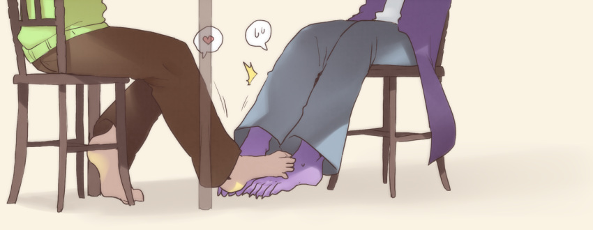 1boy 1girls anthro brown_pants chair deltarune feet feet_fetish feet_focus female female_anthro foot_fetish foot_focus foot_on_foot foot_play green_sweater grey_pants heart hi_res high_resolution highres kris_(deltarune) long_jacket male male/female male_human no_shoes no_socks pale-skinned_male pale_skin pants purple_jacket purple_scales purple_skin scalie shoes_removed sitting sitting_on_chair socks_removed ss_komu surprised susie_(deltarune) sweater table text_bubble undertale_(series) white-skinned_male white_background white_skin