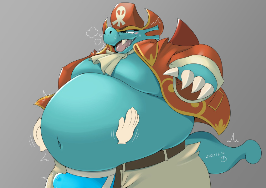 2022 2yakitori2 anthro belly belly_rub big_belly blue_body blush bodily_fluids bulge captain_dragon clothing dragon genital_fluids hat headgear headwear hi_res kemono male navel obese obese_male overweight overweight_male pirate_hat precum sega solo_focus underwear wonder_boy:_the_dragon's_trap wonder_boy_(series)