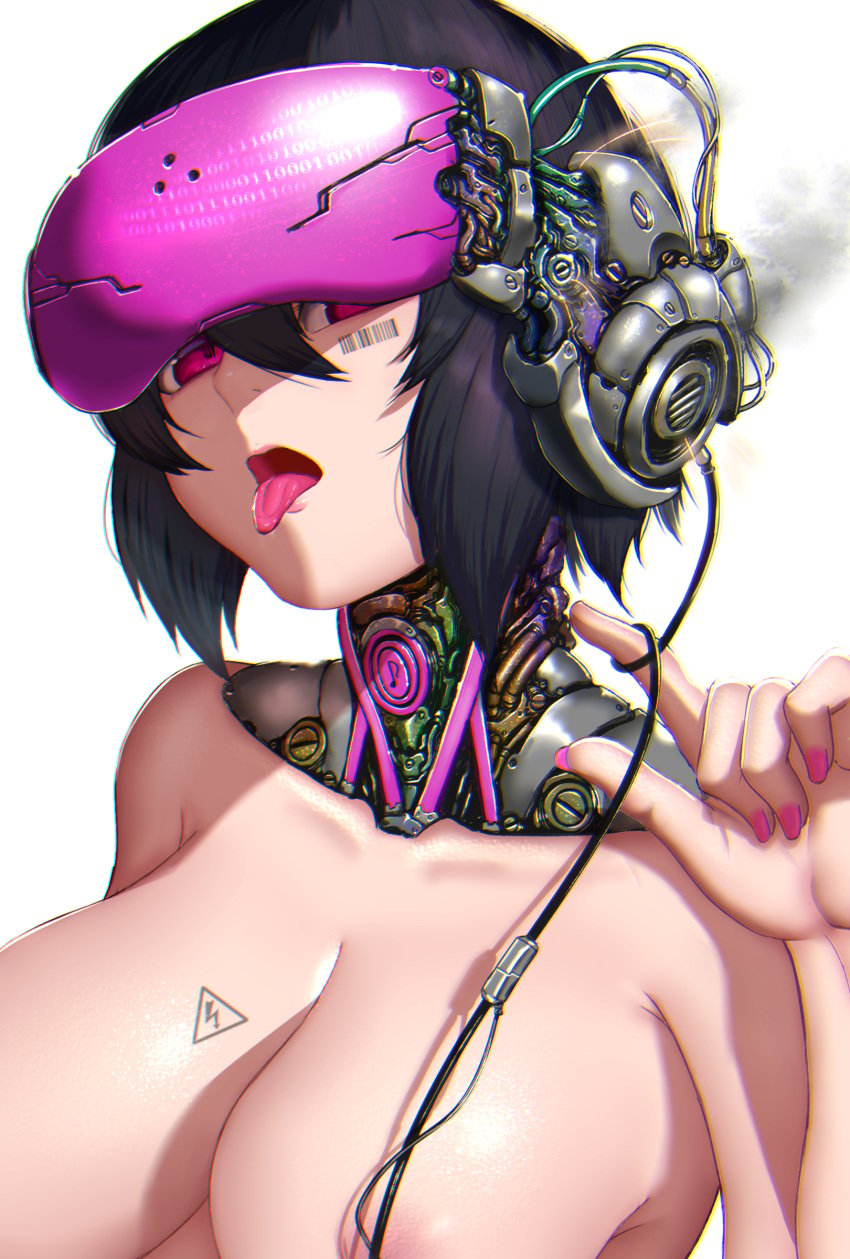 1girls android breasts large_breasts nude pink_eyes portrait robot short_hair solo takefu_jiin takehuxi tongue_out visor