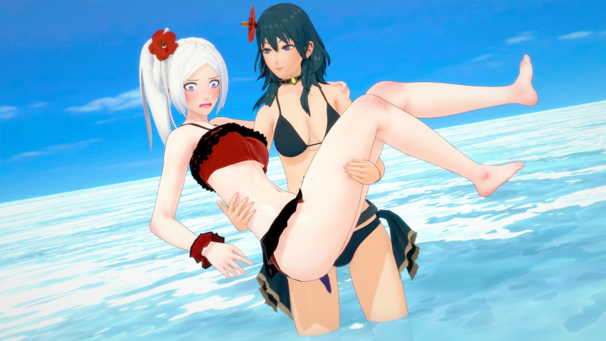 2girls 3d alternate_hairstyle bikini black_bikini black_swimsuit blue_eyes blue_hair breasts byleth_(fire_emblem) byleth_(fire_emblem)_(female) byleth_(summer)_(fire_emblem)_(female) edelgard_von_hresvelg female female_only fire_emblem fire_emblem:_three_houses fire_emblem_heroes jollyoldsoldier nintendo official_alternate_costume post-timeskip princess_carry red_bikini red_swimsuit scared scared_expression side_ponytail swimsuit terrified yuri