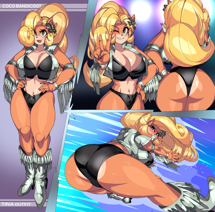 1girls anthro ass bandicoot big_ass big_breasts blonde_hair boots breasts busty captain_kirb cleavage clothing coco_bandicoot cosplay crash_(series) crop_top cropped_jacket dat_ass dead_or_alive female female_only green_eyes hip_attack large_ass large_breasts looking_at_viewer shorts smile solo sweat tassel thick_thighs tina_armstrong_(cosplay) v_sign wide_hips wink winking_at_viewer