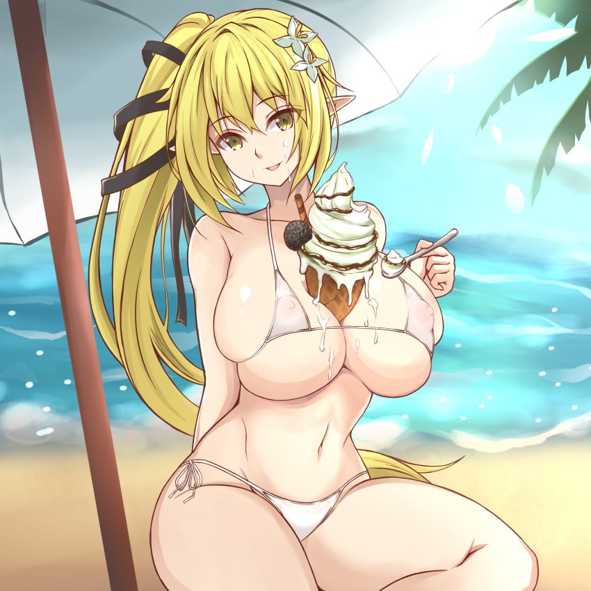 1girls beach between_breasts bikini blonde_hair breasts covered_nipples elf elsword female highres ice_cream large_breasts long_hair looking_at_viewer navel ocean open_mouth outdoors pointy_ears ponytail rena_(elsword) sand side-tie_bikini sitting smile solo swimsuit umbrella water white_bikini yellow_eyes zone25388591