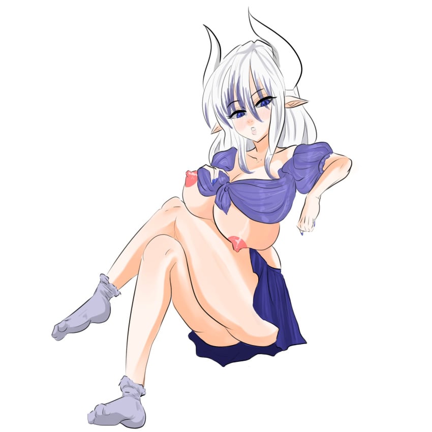 ass exposed_breasts horns huge_breasts manglelie succubus white_hair wide_hips