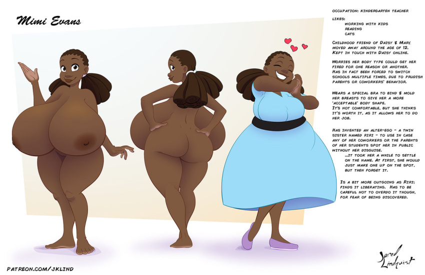 character_sheet dark-skinned_female dark_skin dreadlocks huge_ass huge_breasts jklind mimi_(jklind) pinup ponytails wide_hips