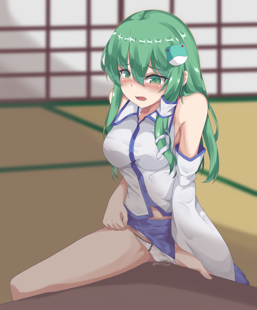 1girls 2020 blush cameltoe crotch_rub detached_sleeves green_eyes green_hair hair_ornament long_hair masturbation one_leg_up panties pussy_juice sanae_kochiya skirt skirt_lift table_humping tagme thighs touhou velox_s wet_panties white_panties