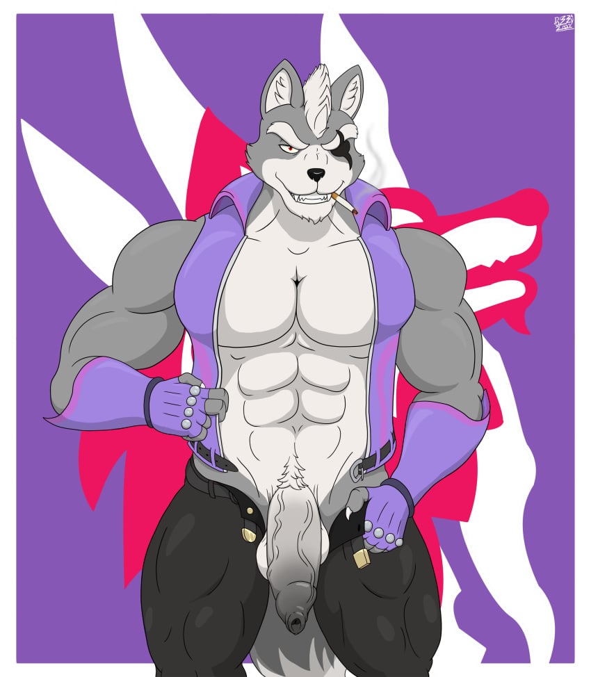 abs absurd_res anthro balls big_penis canid canine canis cigarette genitals hi_res looking_at_viewer male male_only mammal muscular muscular_male nintendo pecs penis pizzaozzy_(artist) solo star_fox video_games wolf wolf_o'donnell