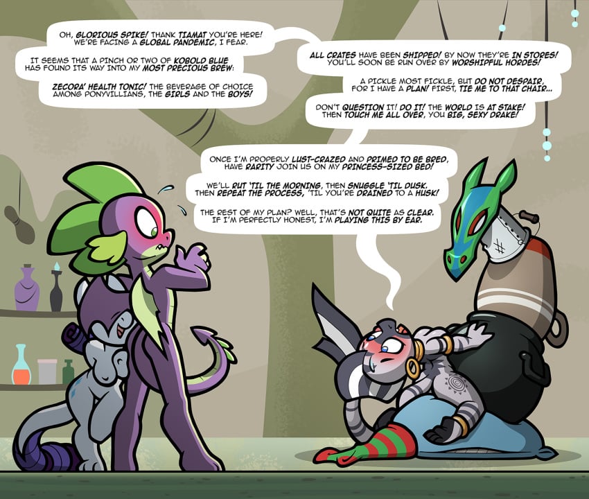 aged_up anthro blush bodily_fluids dragon english_text female friendship_is_magic group hi_res kobold male male/female my_little_pony rarity_(mlp) smooth_skin spike_(mlp) submissive sweat text toonbat transformation trio zecora's_hut zecora_(mlp)