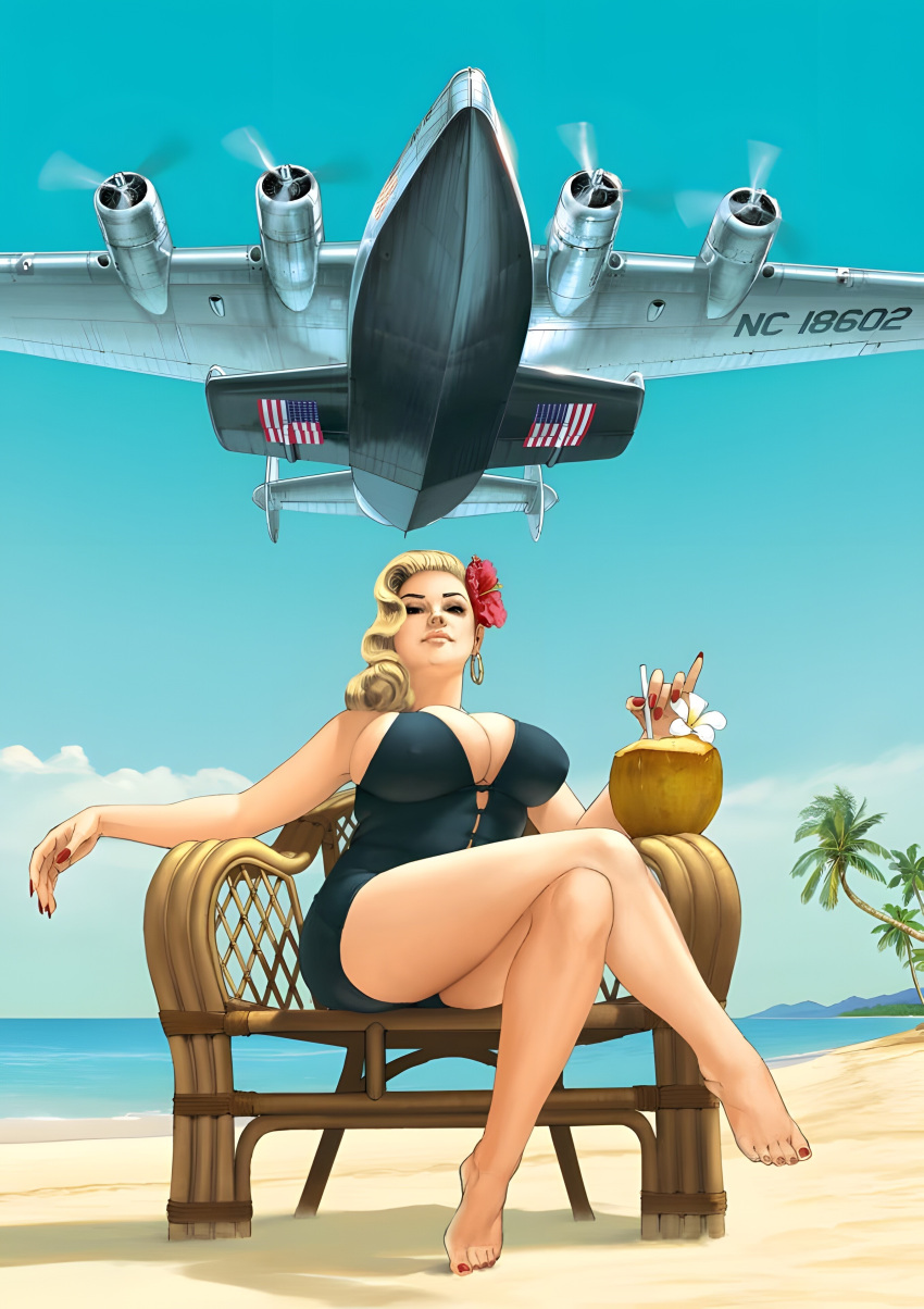 big_breasts blonde_hair boeing_b-314 female one_piece_swimsuit pinup romain_hugault