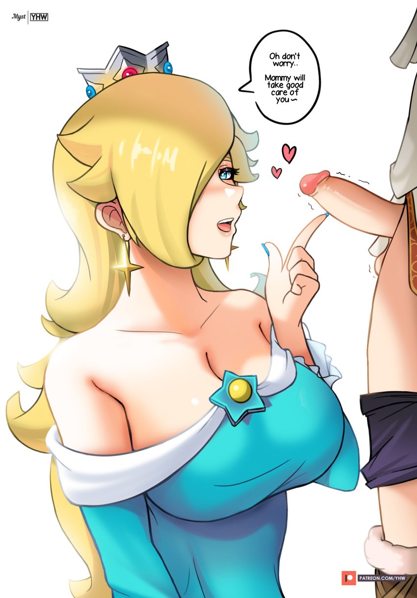 1boy 1girls alternate_breast_size big_breasts blonde_hair blue_nails cleavage clothed crown earrings femdom hearts imminent_sex kid_icarus large_breasts mario_(series) mommy_kink myst nail_polish nails nintendo penis penis_out pit pit_(kid_icarus) princess princess_rosalina shaking super_smash_bros. super_smash_bros._ultimate teasing yhw