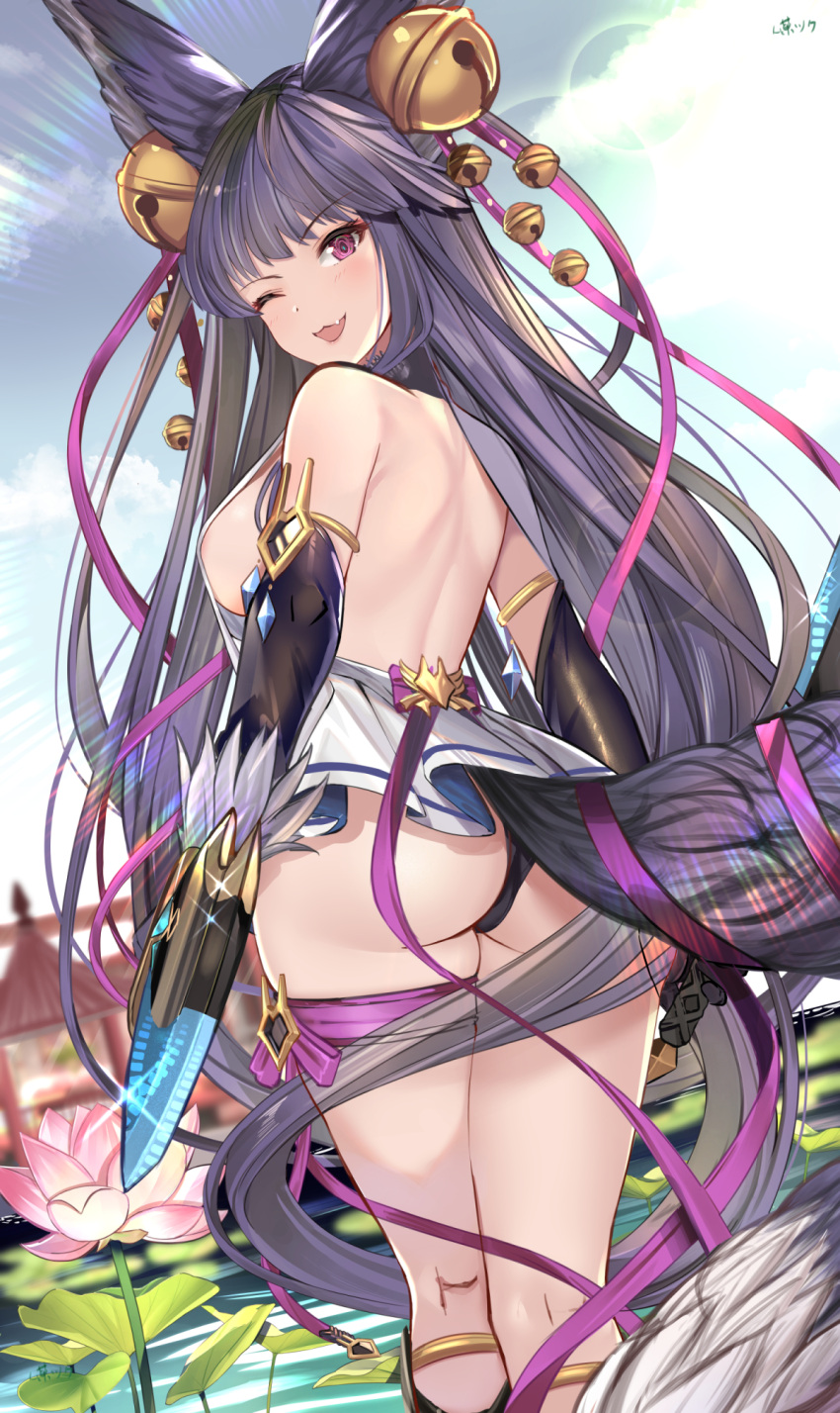 animal_ears ass back bangs bare_shoulders bell black_hair black_panties blue_sky blush breasts day dress dual_wielding erune female female fox_ears fox_tail granblue_fantasy hair_bell hair_ornament highres holding jingle_bell large_breasts long_hair looking_at_viewer looking_back muka_tsuku oerba_yun_fang one_eye_closed open_mouth panties purple_eyes short_dress sideboob sky smile solo sword tail thighs underwear very_long_hair weapon white_dress yuel_(granblue_fantasy)