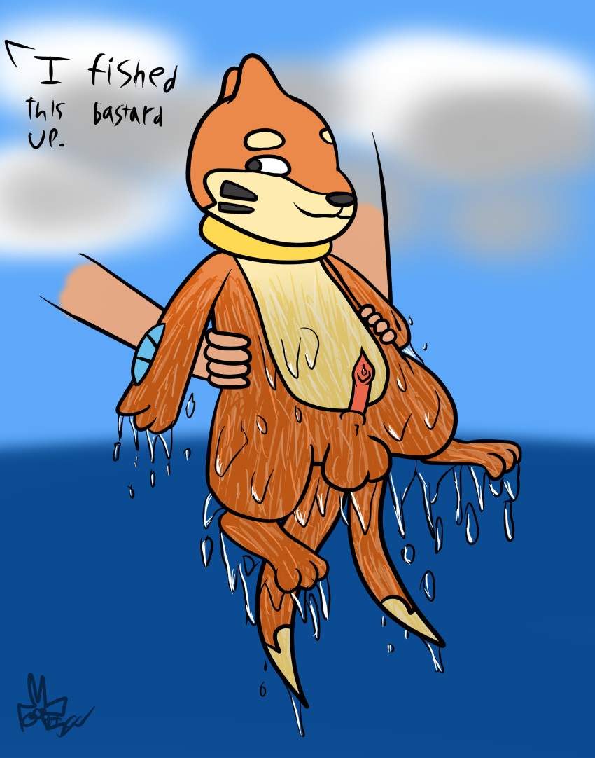 2_tails absurd_res anatomically_correct anatomically_correct_genitalia background_sky balls bodily_fluids buizel cloud dialogue eggboya english_text feral fur genital_fluids genitals hi_res human male mammal multi_tail mustelid nintendo penis pokémon_(species) pokemon precum sea signature smug solo text video_games water wet wet_body wet_fur