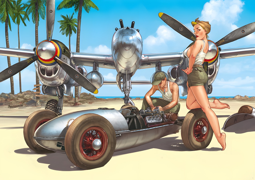 blonde_hair female p-38_lightning pin-up race_car romain_hugault