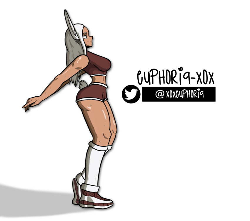 1girls alternate_version_available basketball basketball_uniform bunny_ears bunny_tail dark-skinned_female dark_skin euphoria-xox female female_only fully_clothed looking_afar miruko my_hero_academia red_eyes red_shirt red_shorts rumi_usagiyama shoes shoes_on sideboob socks solo white_hair