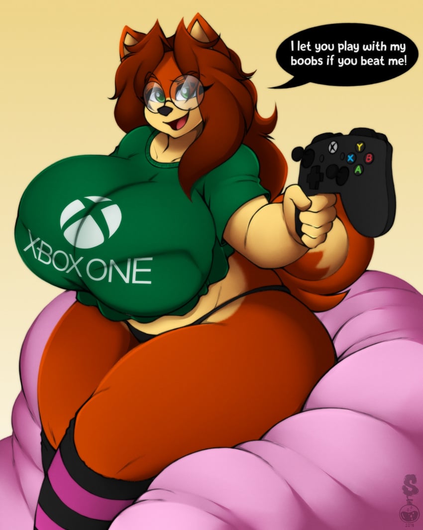 1girls 2019 anthro bean_bag bent_arm big_breasts black_panties breasts busty canid canine canis clothed clothing controller curled_tail curvaceous curvy curvy_body curvy_female curvy_figure dialogue digital_drawing_(artwork) digital_media_(artwork) domestic_dog english_text eyelashes eyewear female female_focus female_only fingers footwear furry game_controller gamer gamer_girl glasses green_eyes hi_res holding_controller holding_game_controller holding_object hourglass_figure huge_breasts large_breasts legwear logo long_hair looking_at_viewer mammal microsoft multicolored_body multicolored_fur no_pants open_mouth orange_body orange_fur panties pattern_clothing pattern_footwear pattern_legwear pattern_socks reaching_out red_hair shirt shirt_logo simple_background sitting smile socks solo speech_bubble stockings striped_clothing striped_footwear striped_legwear striped_socks stripes superia_(superix) superix t-shirt talking_to_viewer tan_body tan_fur text thick_thighs topwear two_tone_body two_tone_fur underwear video_game_logo video_games voluptuous wide_hips wireless_controller xbox xbox_controller xbox_game_studios xbox_logo xbox_one xbox_wireless_controller