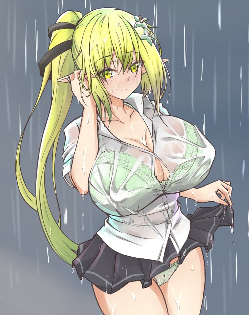 1girls black_legwear blush bra breasts cameltoe elf elsword female flower frown green_eyes green_hair hair_flower large_breasts long_hair looking_at_viewer miniskirt nipples panties pointy_ears ponytail rain rena_(elsword) school_uniform see-through simple_background skirt skirt_lift solo unbuttoned underwear water wet wet_clothes wet_hair zone25388591