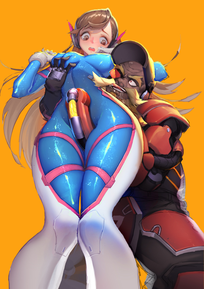 1boy 1boy1girl 1girls age_difference asian_female between_legs blizzard_entertainment bodysuit breast_grab caucasian_male d.va female groping han-0v0 interracial long_hair male male/female orange_background overwatch shiny_clothes tongue_out torbjörn white_body white_male white_male_asian_female white_skin