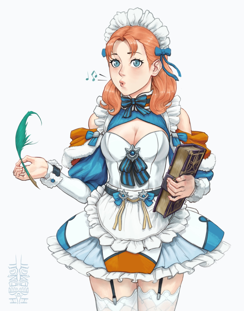 1girls alternate_costume annette_fantine_dominic bare_thighs blue_eyes book breasts cleavage feathers female female_only fire_emblem fire_emblem:_three_houses garter_straps hpencil maid medium_breasts medium_hair musical_note nintendo open_mouth post-timeskip skirt solo thighhighs thighs whistling white_background