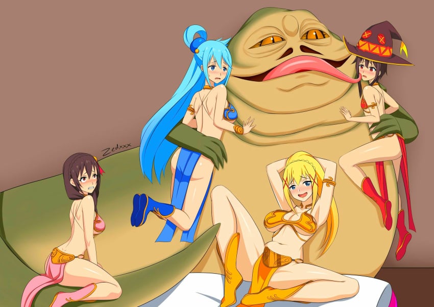 1boy 4girls amber_eyes aqua_(konosuba) aqua_eyes aqua_hair bare_arms bare_back bare_legs bare_shoulders bare_thighs belly_button big_breasts bikini_top blonde_hair blonde_ponytail blue_bikini_top blue_boots blue_eyes blue_loincloth blush boots bracelet breasts brown_hair cleavage collar crossover darkness_(konosuba) demon demon_girl eastern_and_western_character female forced goddess gold_bracelet golden_bracelet grabbing grabbing_hips grabbing_midriff green_skin gritted_teeth hair_ornament hair_ribbon hair_ties hat horny_female human hutt jabba's_palace jabba_the_hutt kono_subarashii_sekai_ni_shukufuku_wo! loincloth long_blonde_hair long_brown_hair lotharhutt lotharhutt_(artist) male megumin metal_bikini metal_collar midriff mouth_closed multiple_girls navel open_mouth paladin pillows pink_bikini_top pink_boots pink_loincloth ponytail red_bikini_top red_boots red_hair_tie red_loincloth riding riding_tail short_brown_hair short_hair slave slave_bikini slave_collar slave_leia slave_leia_(cosplay) slave_outfit slavegirl slaves slug small_breasts star_wars sweat tan_skin thick_thighs tongue tongue_kiss tongue_lick tongue_licking tongue_out uncomfortable witch_hat worried_expression yellow_bikini_top yellow_boots yellow_loincloth yunyun_(konosuba)