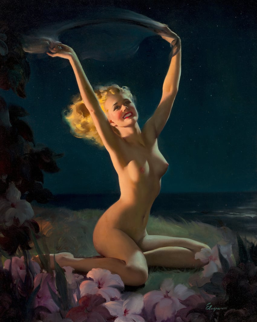 1940s 1947 1girls 20th_century 40s areolae barefoot_on_grass blonde_hair breasts female female_only flower gil_elvgren kneeling night nipples nude original painting_(artwork) pinup pinup_girl shore small_breasts smile solo straight_hair thighs traditional_media_(artwork) vintage