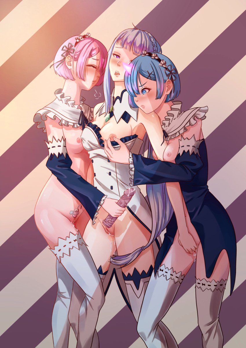 3girls breasts chocolate_donut dildo egg_vibrator emilia_(re:zero) fff_threesome fingering fingering_partner incest mostly_clothed multiple_girls pleasure_face pussy pussy_juice_drip ram_(re:zero) re:zero_kara_hajimeru_isekai_seikatsu rem_(re:zero) shimaidon sisters small_breasts standing_sex thighhighs threesome twincest twincest_plus_others uncensored vibrator_in_pussy wet_pussy yuri