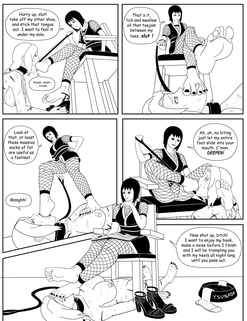 2girls barefoot big_breasts black_and_white boruto:_naruto_next_generations breasts chair clothed_female_nude_female collar comic dante2305 dominant dominant_female domination duo duo_focus feet_on_face female female_only foot_fetish foot_in_mouth foot_worship footwear_removed kimono kneeling leash leash_and_collar leash_pull masochism masochist multiple_girls naruto naruto_(series) naruto_shippuden older_female oral shizune shoes_removed sitting speech_bubble standing submissive submissive_female talking talking_to_another talking_to_partner teacher_and_student text tsunade younger_dom_older_sub younger_female yuri