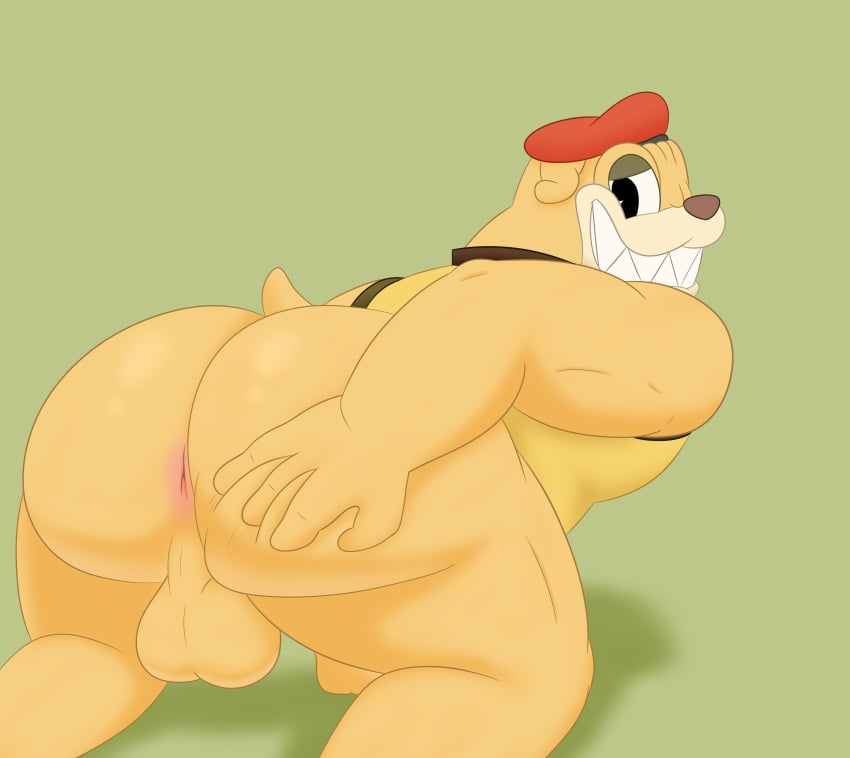 absurd_res all_fours anus ass balls big_balls big_butt bulldog butt_grab canid canine canis colossalstars cuphead_(game) domestic_dog fighter_pilot_bulldog genitals grin hand_on_butt hi_res looking_back male mammal mastiff molosser pilot smile solo video_games