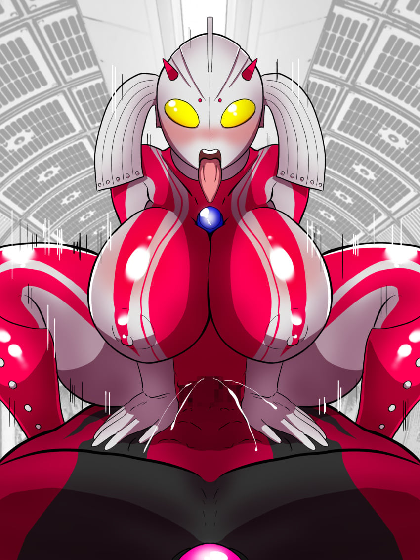 1boy ahe_gao areolae big_breasts blush breasts cheating cowgirl_position female giantess huge_breasts large_breasts milf mother_of_ultra nipples sex thick_thighs tongue_out ubikitas ultraman_(franchise) ultraman_belial vaginal_penetration voluptuous wide_hips