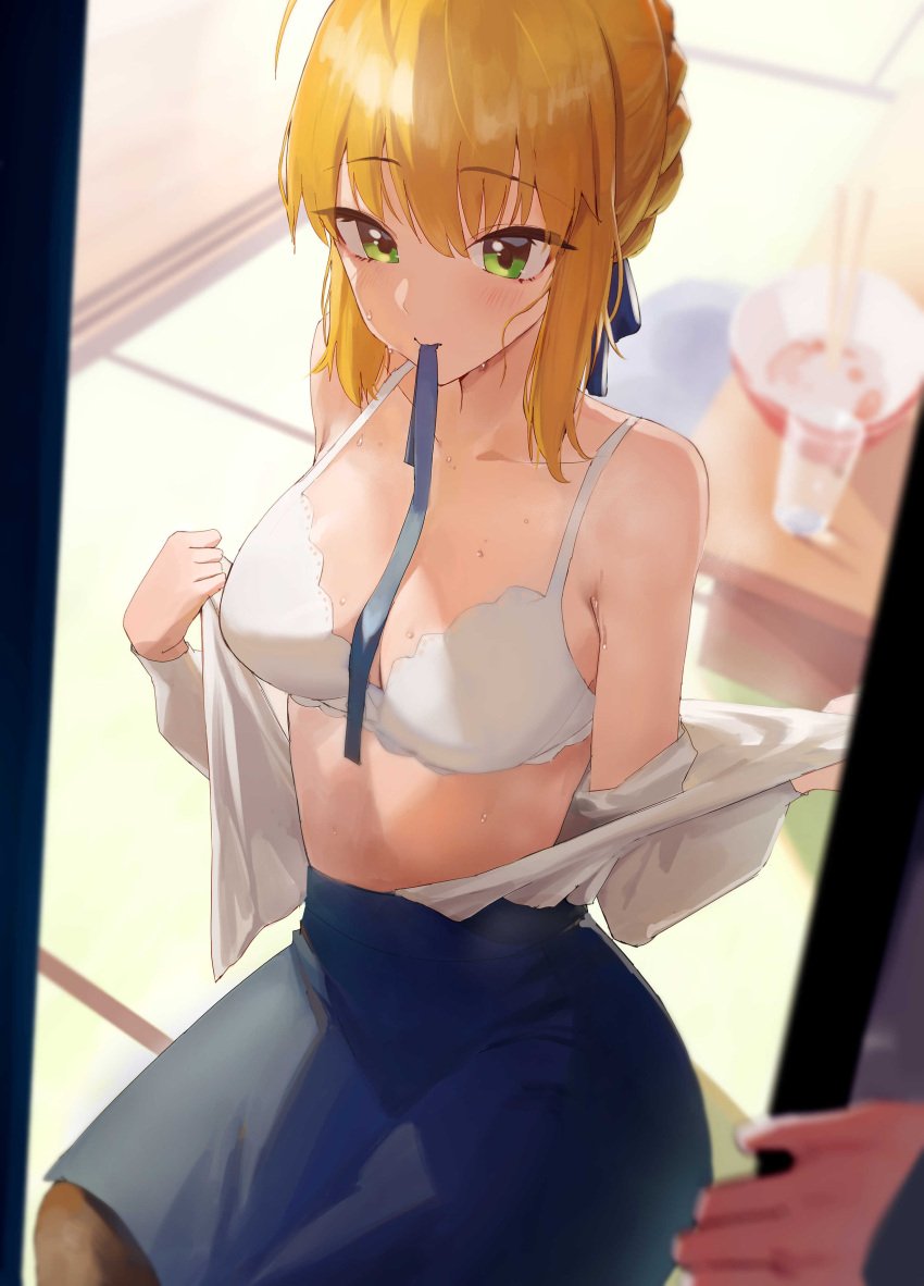 artoria_pendragon blonde_hair bra breasts fate_(series) medium_breasts rororo royalty saber skirt undressing