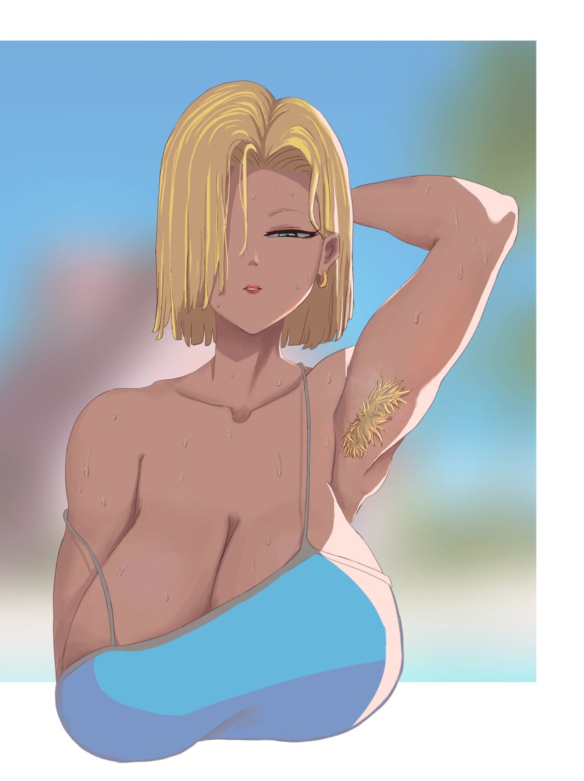 1girls android_18 armpit_hair armpits big_breasts blonde_female blonde_hair blowjob blue_topwear breasts busty cleavage curvaceous curves curvy curvy_body curvy_female curvy_figure dragon_ball dragon_ball_super dragon_ball_z earrings female female_focus female_only green_eyes hand_behind_head huge_breasts large_breasts mature mature_female mature_woman milf seductive short_hair solo solo_female strap_slip sweat sweating sweaty voluptuous yitiaomiao