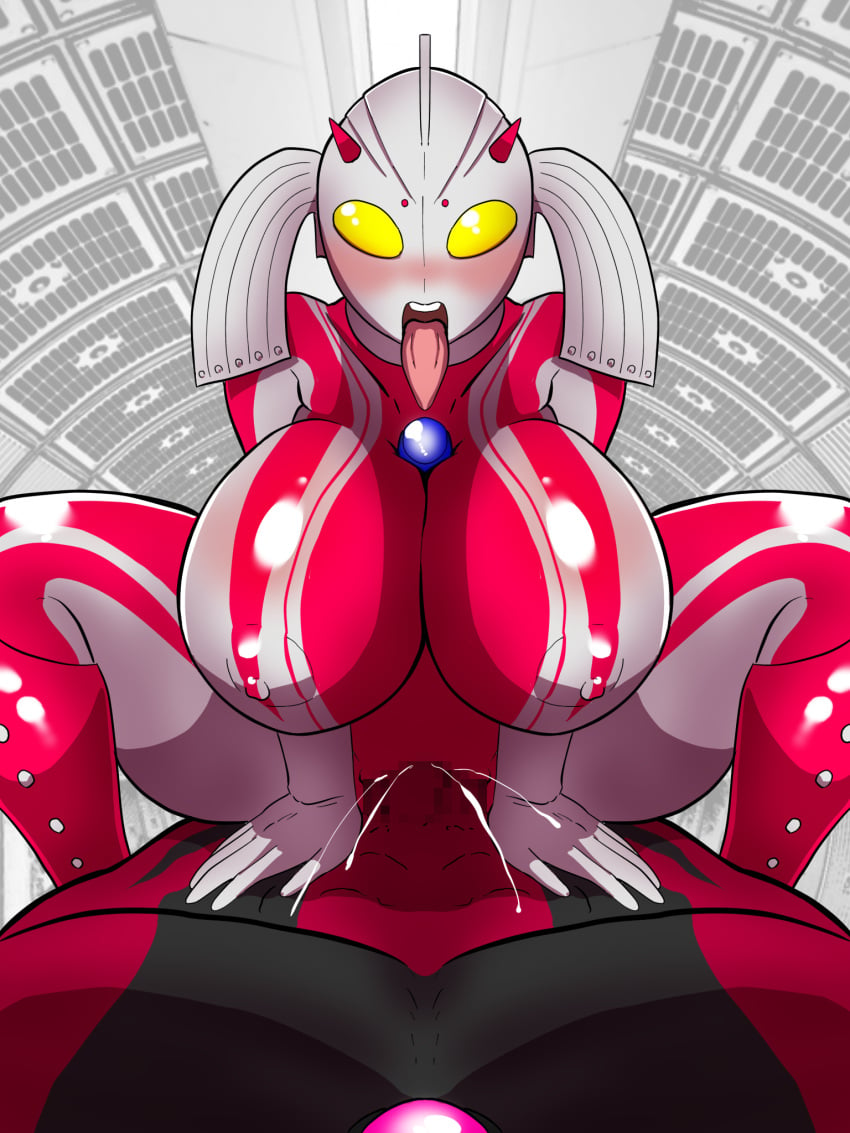 1boy ahe_gao areolae big_breasts blush breasts cheating cowgirl_position female giantess huge_breasts large_breasts milf mother_of_ultra nipples sex thick_thighs tongue_out ubikitas ultraman_(franchise) ultraman_belial vaginal_penetration voluptuous wide_hips