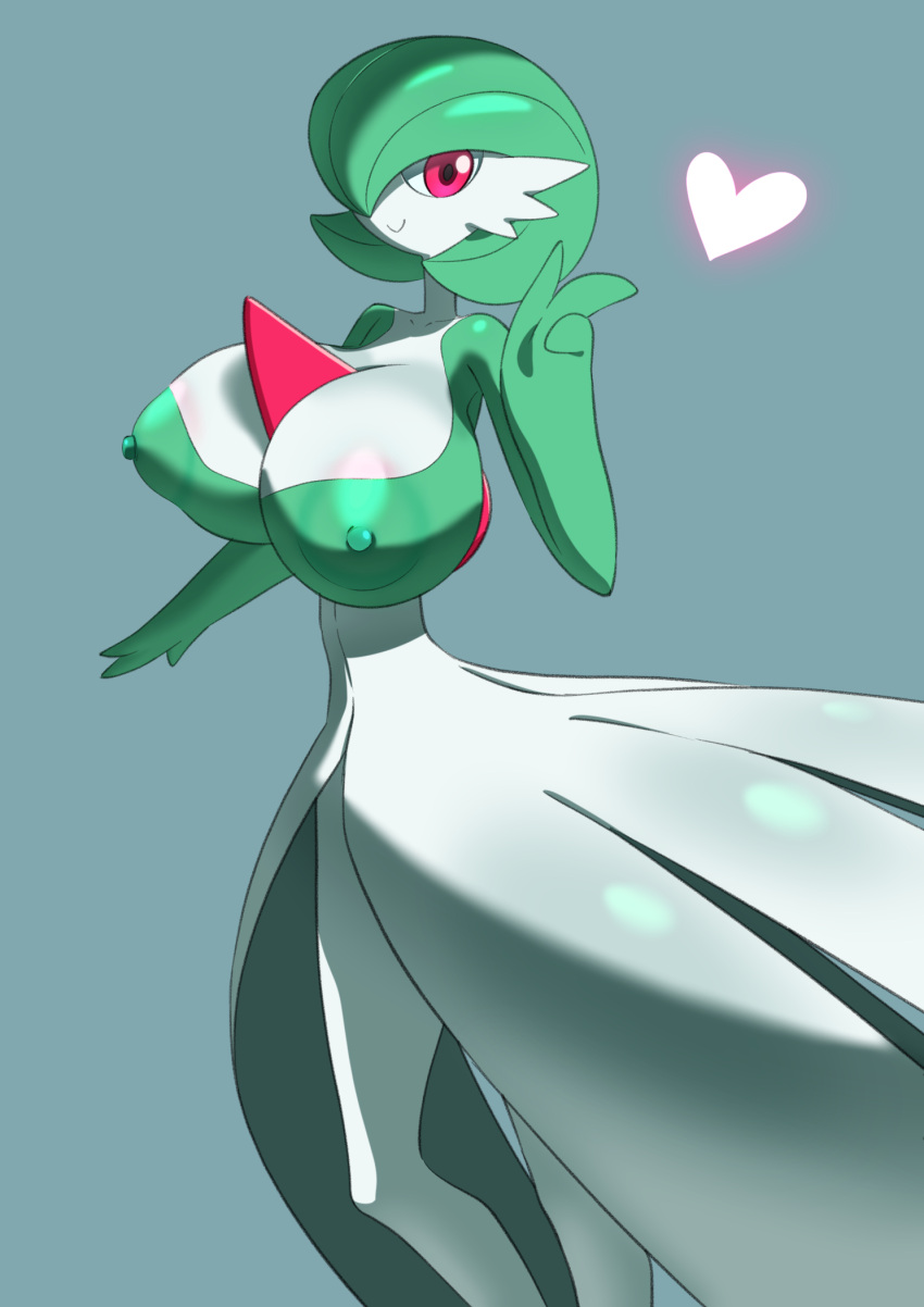 1girls 2022 absurd_res anthro areola_slip areolae blue_background bob_cut cleavage clothing dress female female_only gardevoir green_hair grey_body hair_over_one_eye heart highres huge_breasts ika_daishogun looking_at_viewer multicolored_body nintendo nipple_bulge pokémon_(species) pokemon pokemon_(species) pokemon_rse red_eyes revealing_clothes short_hair simple_background skin_tight smile solo spikes standing threesome tight_clothing two_tone_body v white_body