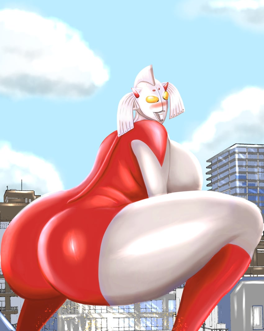 1girls ass big_ass big_breasts breasts female giantess huge_ass huge_breasts large_breasts looking_at_viewer looking_back milf mother_of_ultra solo squatting surigoma thick thick_ass thick_thighs ultraman_(franchise) voluptuous wide_hips