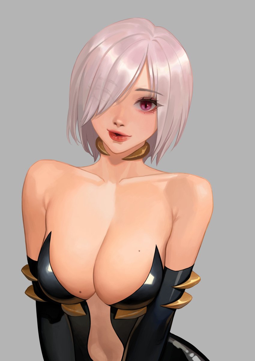 1girls big_breasts busty cleavage female_only gray_background gray_hair hair_over_one_eye hongcasso lips looking_at_viewer portrait solo