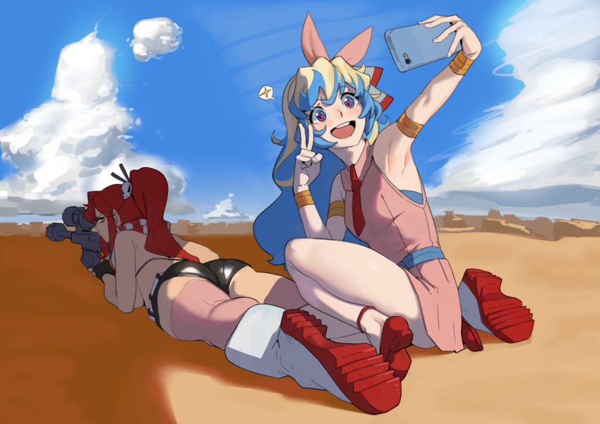 2girls ass butt clothing female fully_clothed hirundo_rustica hong_doo kneeling long_hair mouth_open nia_teppelin open_mouth open_smile peace_sign prone red_hair rifle selfie shoes smartphone smile sniper taking_picture tengen_toppa_gurren_lagann tied_hair v wholesome yoko_littner