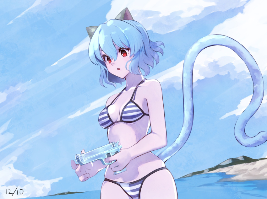 1girls 4_fingers beach bikini blue_hair cat_ears cat_tail catgirl clouds curvy female female_only hunter_x_hunter medium_breasts neferpitou open_mouth petite pistol red_eyes sea seaside short_hair solo thick_thighs wide_hips yagisawa_teru