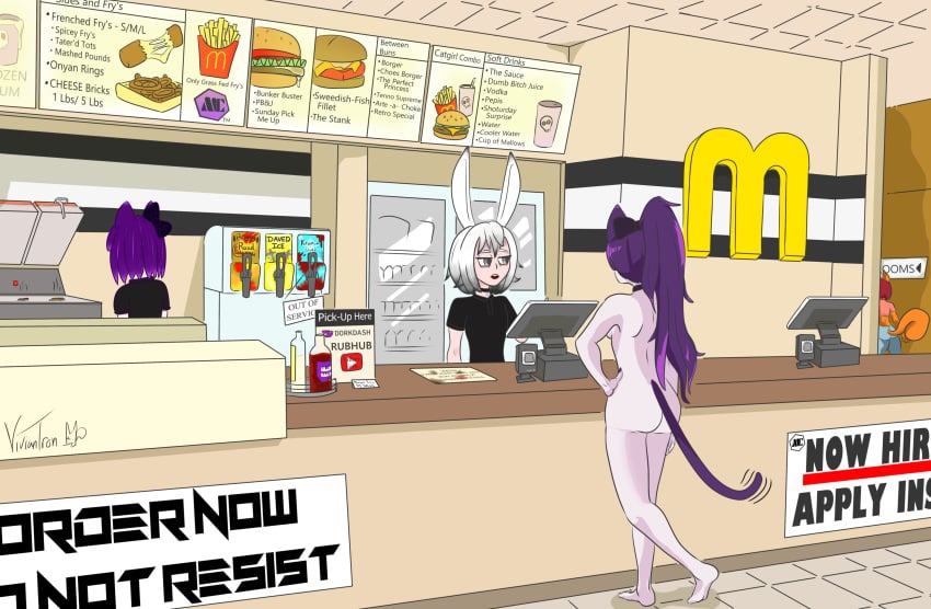 1boy 1girls animal_ears barefoot boshii_(vtuber) cat_ears cat_tail catgirl exhibitionism exposed_ass exposed_breasts indie_virtual_youtuber mcdonald's nekomimi nude nude_female public public_exposure public_nudity purple_hair purple_skin totless_(vtuber) tsuki_kimura virtual_youtuber viviantron vrchat