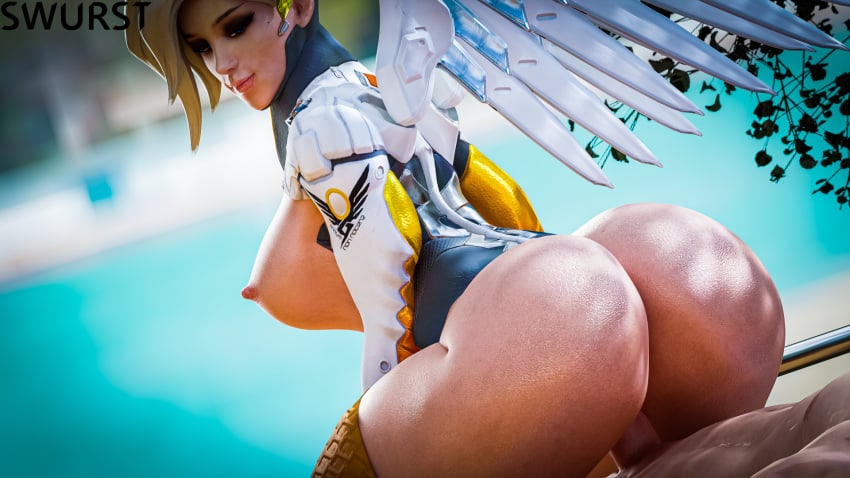 1boy 1girls 3d anus ass big_ass big_breasts blizzard_entertainment blonde_hair blue_eyes breasts cfnm cowgirl_position fat_ass female huge_ass large_breasts looking_at_viewer looking_back mercy nipples overwatch riding riding_penis swursterotic thick_ass thick_thighs thighhighs thighs wings