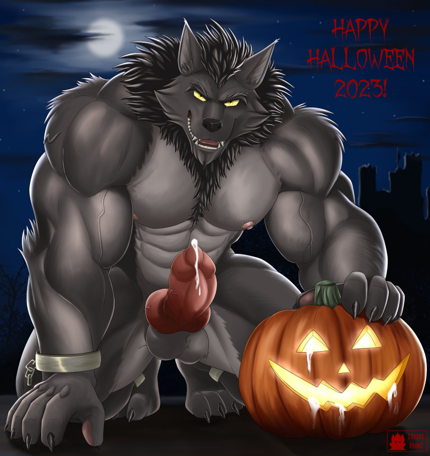 abs absurd_res animal_genitalia animal_penis anthro balls biceps black_hair black_nose bodily_fluids canid canine canine_genitalia canine_penis canis claws clothing cuff_(restraint) erection fangs feet food fruit full_moon fur genital_fluids genitals grey_body grey_fur hair hetaniel hi_res holidays jack-o'-lantern kneeling knot looking_at_viewer male mammal moon muscular muscular_anthro muscular_male muscular_thighs nipples pecs penis pink_nipples plant precum pumpkin restraints shackles sky solo solo_focus teeth toe_claws toes triceps vein veiny_muscles veiny_penis wolf yellow_eyes