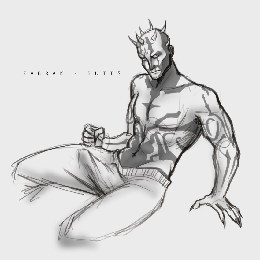 abs body_markings bulge butts_art erection erection_under_clothes horns large_penis looking_at_viewer male male_focus male_only morning_wood muscular muscular_male pajamas pecs precum_through_clothing savage_opress sharp_fingernails shirtless sketch solo solo_male star_wars zabrak